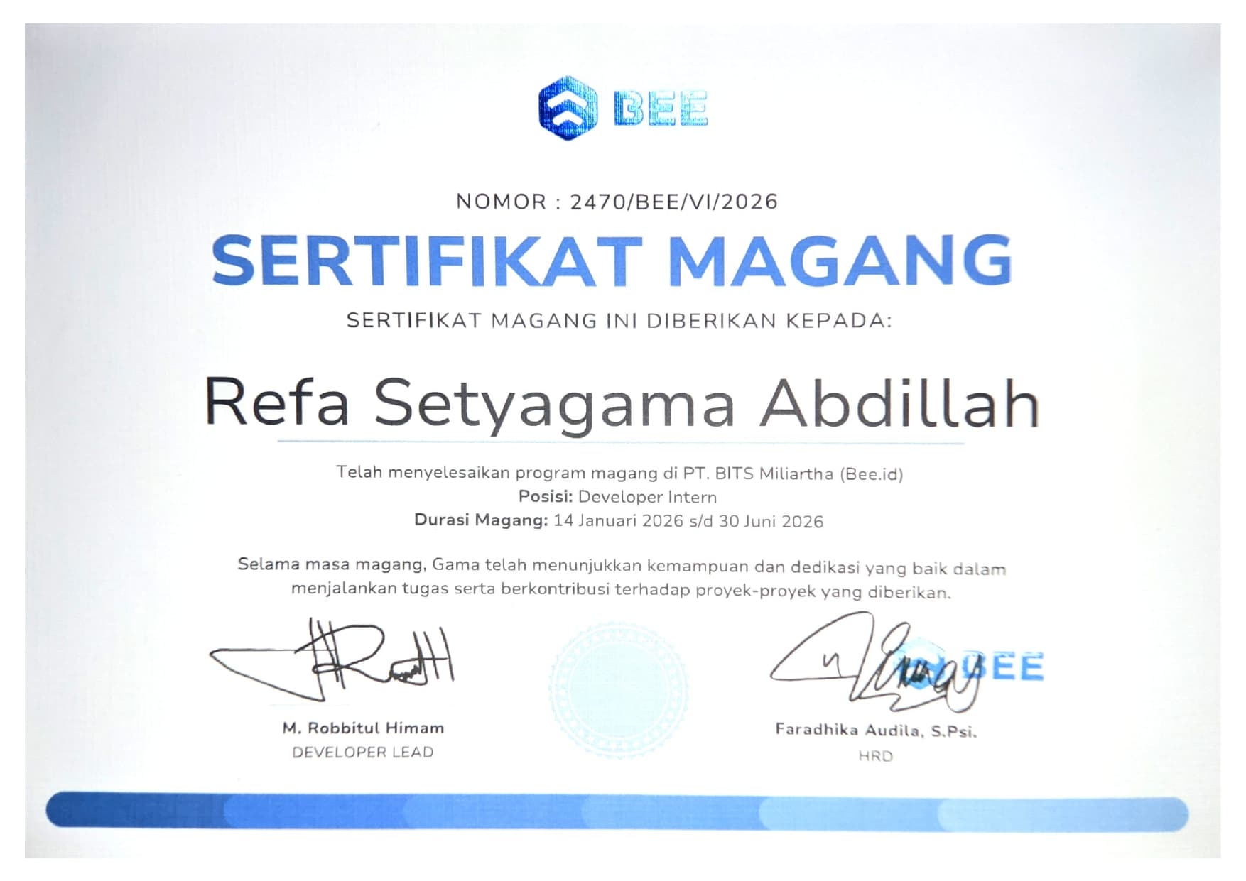 Sertifikat PT. BITS Miliartha