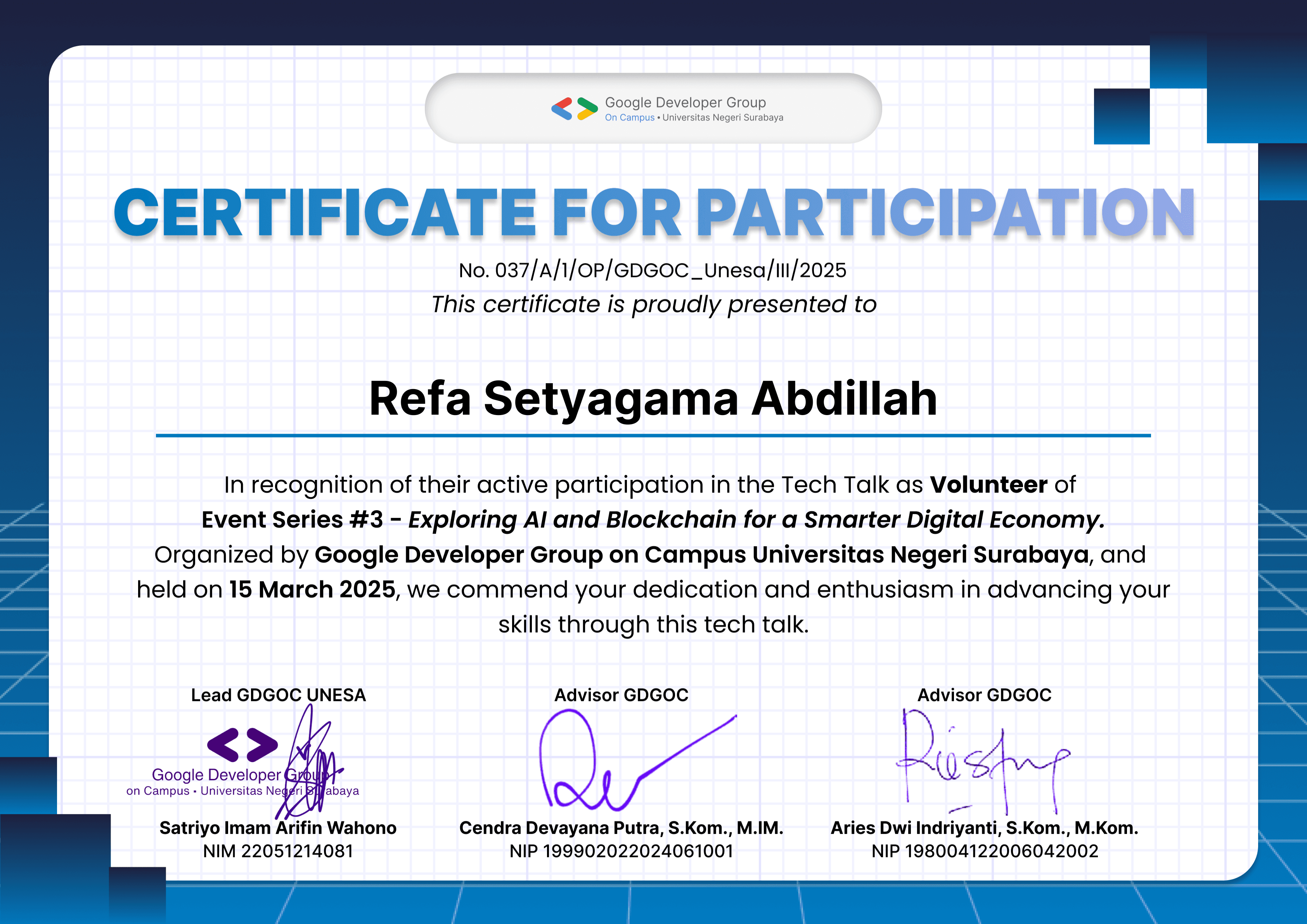 Sertifikat Google Developer Group on Campus Universitas Negeri Surabaya